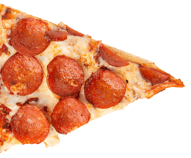 Slice of pepperoni pizza on black background.