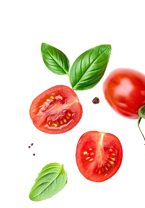 Tomatoes and basil leaves on black background.