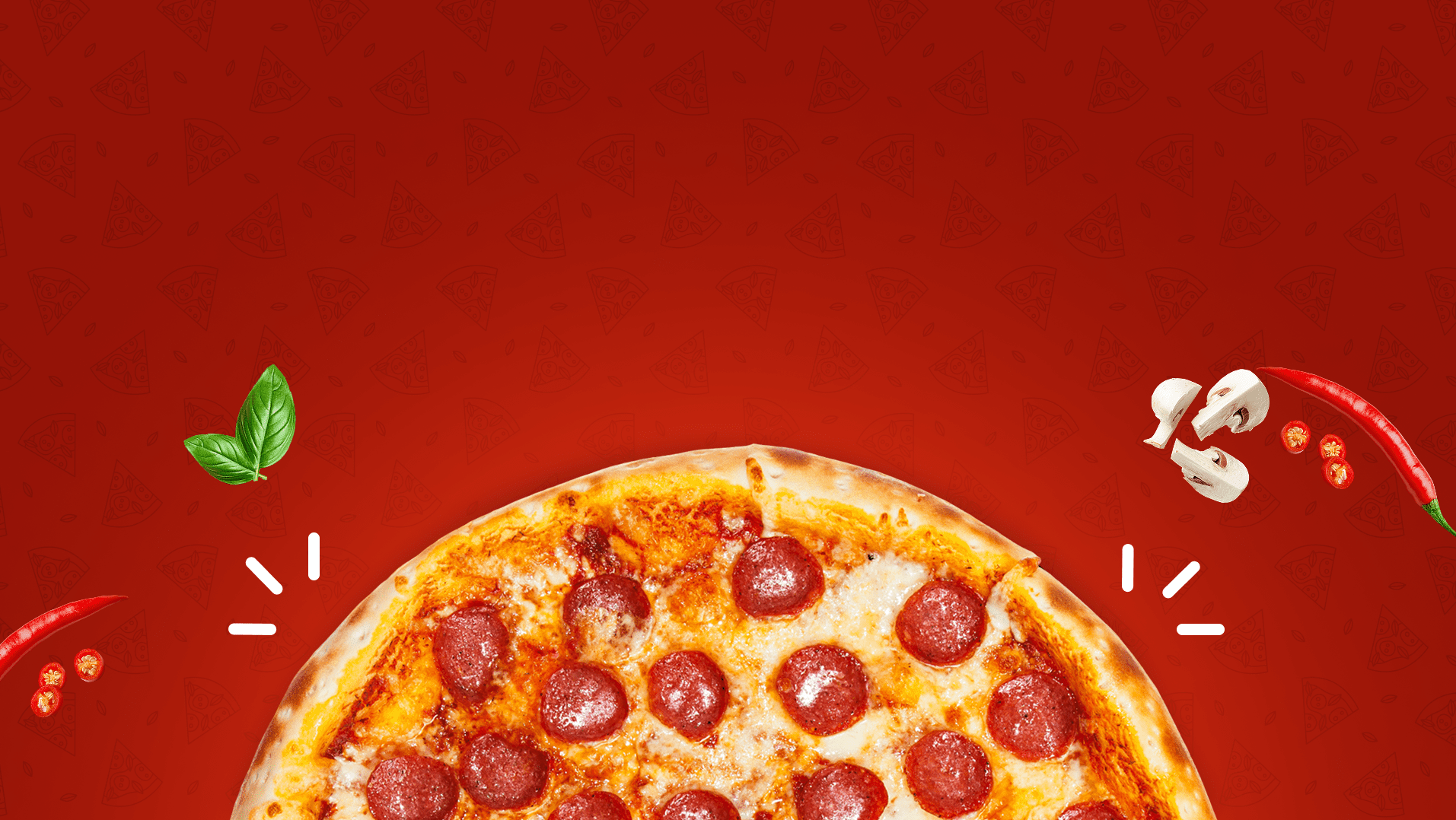 Pepperoni pizza with toppings on red background.