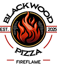 Blackwood Pizza logo with fire design.