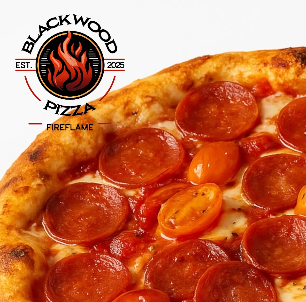 A pepperoni pizza with the blackwood pizzeria logo.